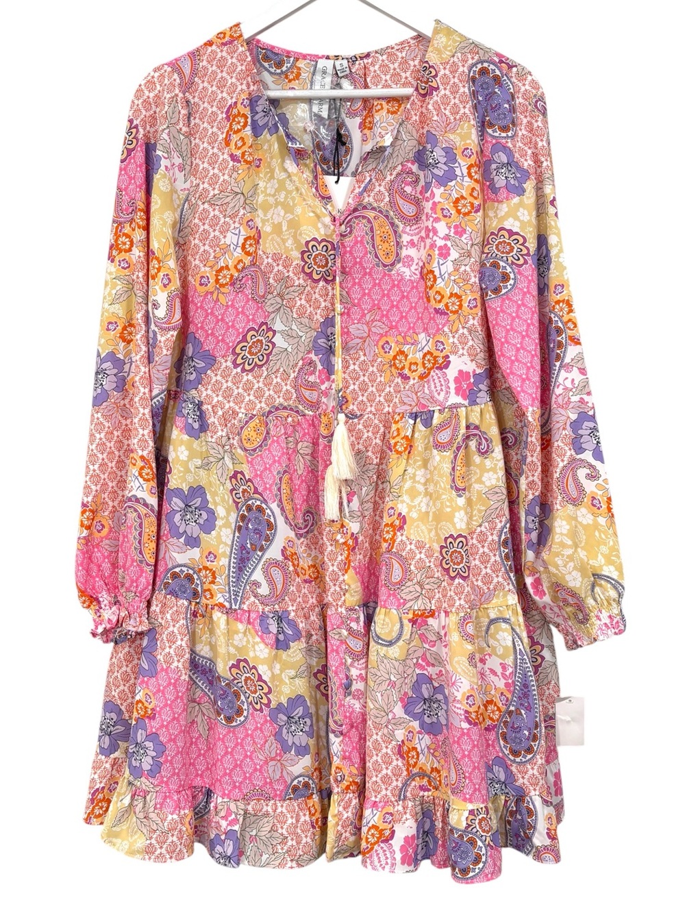 Patchwork Paisley Colorful Tiered Ruffle Long Sleeve Dress Oversized Small NWT